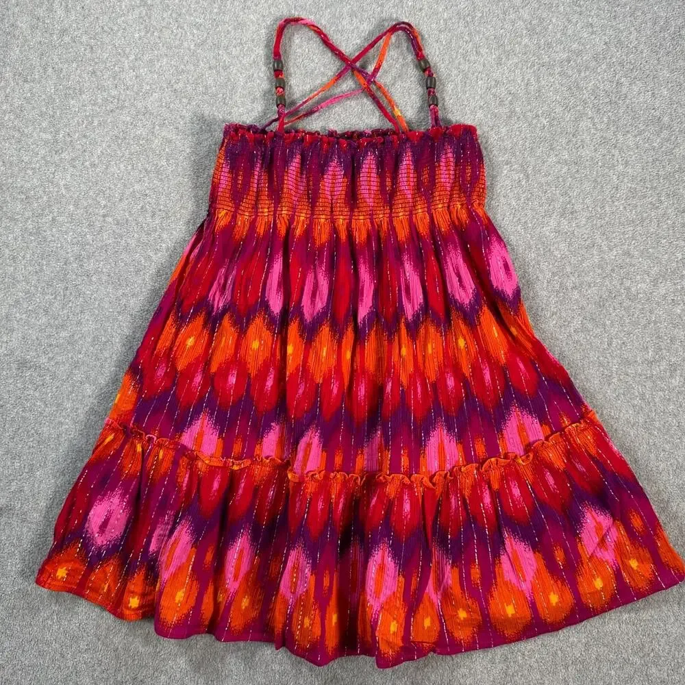 Gap Kids Girls Small 6/7 Metallic Ikat Dress Smocked Beads Strappy Ruffle Hem